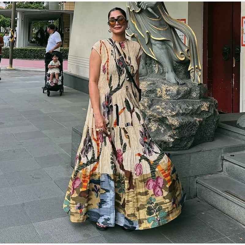 LIZAKOSHT  -  Loose Print Tube Long Dress For Women O-neck Short Sleeve Draped Casual Robe 2025 Summer Elegant Female Evening Party Dresses