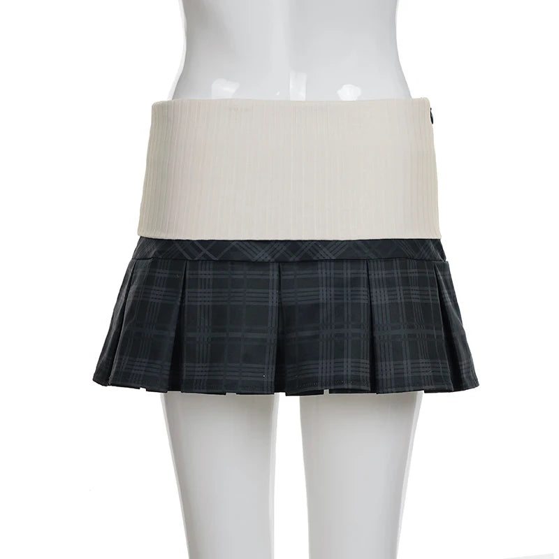 LIZAKOSHT  -  Waistband Contrast-Color Patchwork Plaid Skirt Sweet Casual Women's Low-Waist Mini Skirt Preppy Style Korean Skirts New