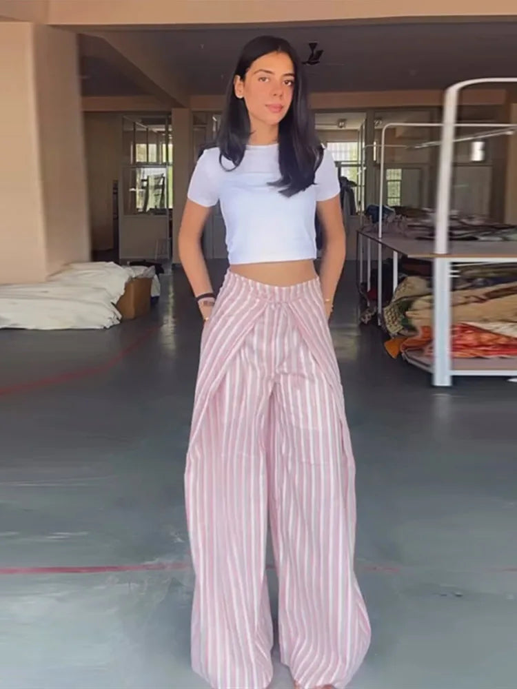 LIZAKOSHT  -  Pants Leg Stripe Women Trousers Adjustable Waist Wrap Loose Summer Floor Length Boho Palazzo Trousers Women Outfit For Women