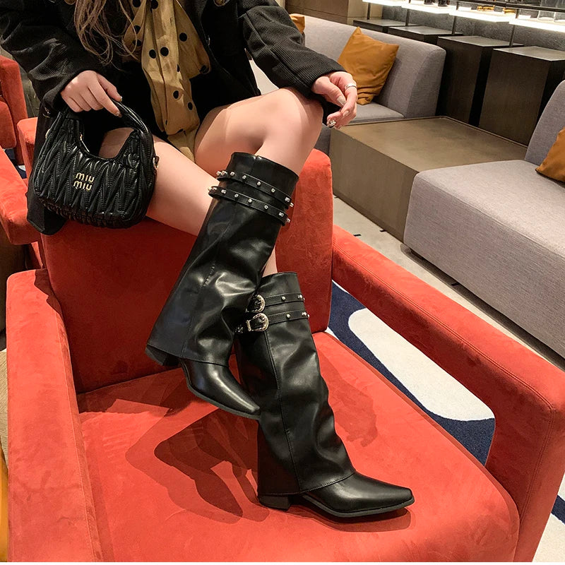 LIZAKOSHT  -  Designer Rivet Woman Knight Boots Shoes Ladies Elegant Thick Heel Trouser Legs Long Botas Autumn Winter Women's Booties