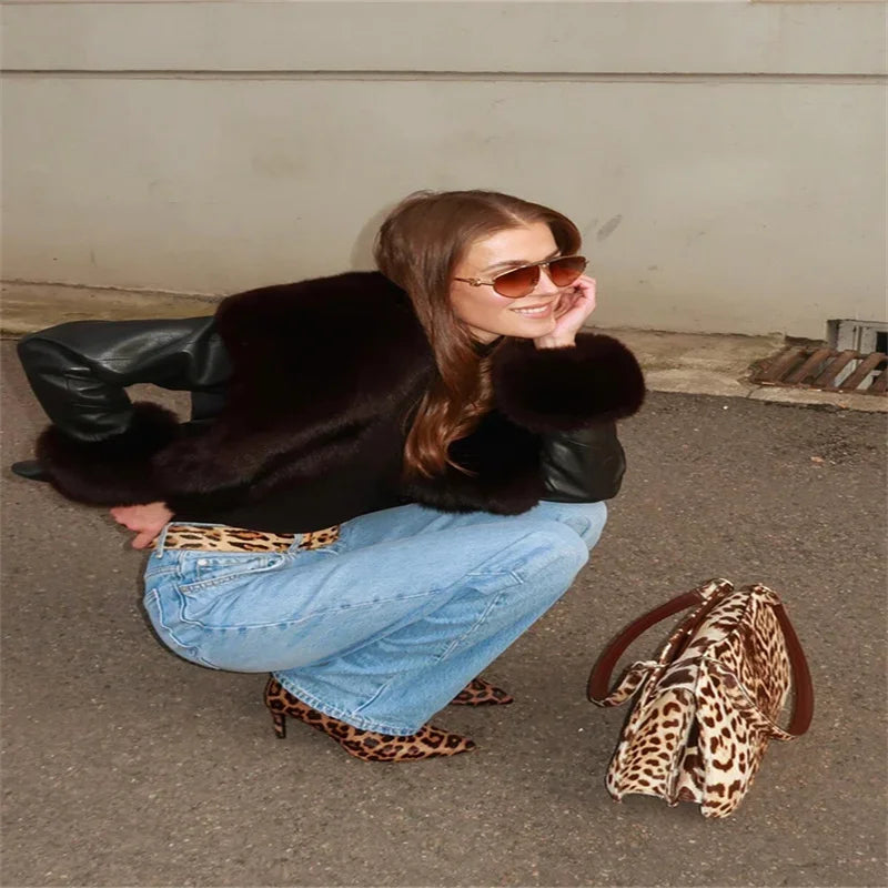 LIZAKOSHT  -  Women's Black PU Leather Jacket Large Faux Fur Collar Cuff Full Sleeve Lace Up Waist Cinching Coat 2025 Autumn Female Streetwear