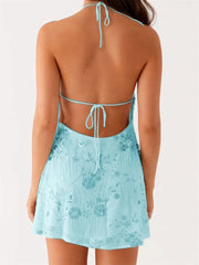 LIZAKOSHT  -  Women s Elegant Sleeveless V-Neck Lace Floral Embroidered Backless  Fit Cocktail Party Mini Dress