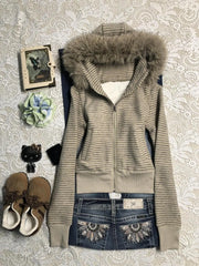 LIZAKOSHT  -  Punk Coat Y2k 2000s Vintage Faux Fur Collar Hoodie Zip-Up Woman Sweatshirts Goth Stripe Hot Girl Coat Winter Jackets Hip Hop Emo