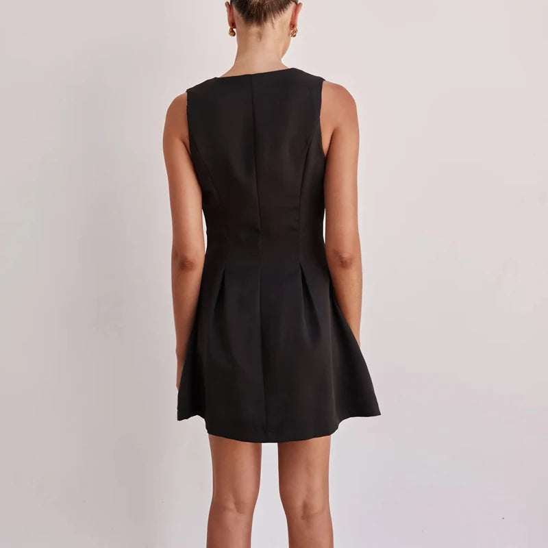 LIZAKOSHT  -  Casual high waisted A-line summer new dress, simple solid color slim fit women's short skirt V-neck sleeveless commuting dress