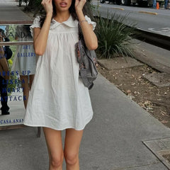 LIZAKOSHT  -  Women Y2k Fairy Babydoll Short Dress Doll Collar Bubble Puff Sleeve Cute Mini Dress Teen Girl Preppy Sundress Beachwear