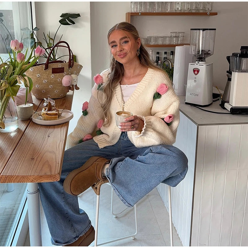 LIZAKOSHT  -  3D Flower Knitted Cardigan Woman Loose Long Sleeves Single Breasted V-Neck Casual Coats Versatile Women's Early Autumn Cardigans