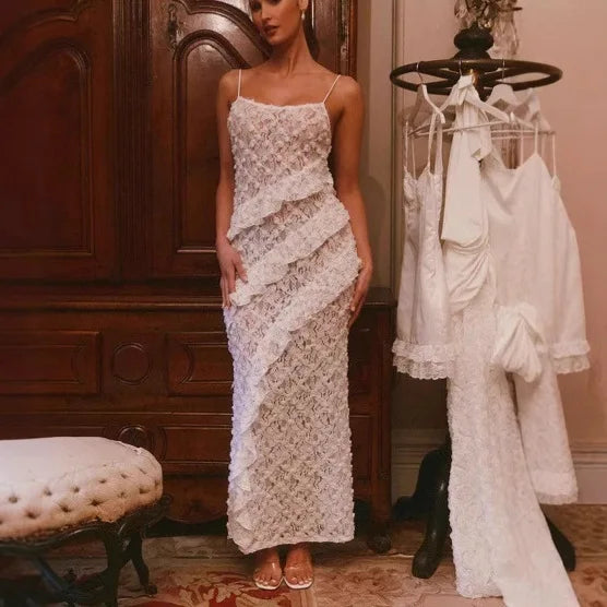 LIZAKOSHT  -  Design Sense Women's Popular Suspender Ruffle Dress, Backless Lace Sexy Hip Long Skirt