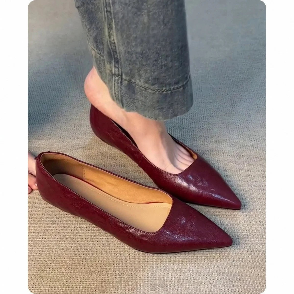 LIZAKOSHT  -  Flat Heel Pointed Toe Women's oes Spring Commute Work oes Korean Sle Leather Inner Layer Pig Skin Slip-On Daily Wear