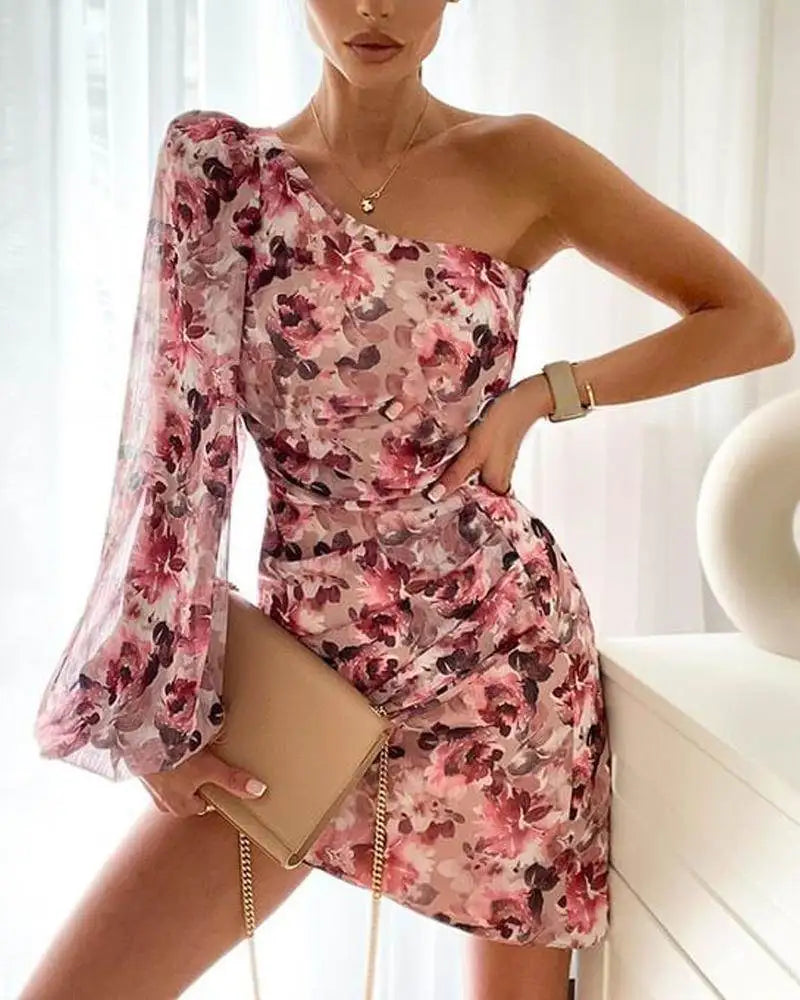 LIZAKOSHT  -  Faionable Retro Floral Print One oulder Sexy Bodycon Dr Women's Gown Svel Ele Draped Neline Evening Dr