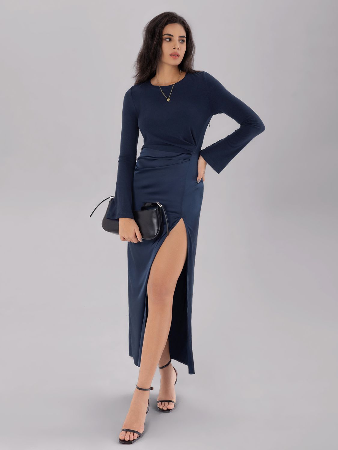LIZAKOSHT  -  Split Round Neck Long Sleeve Midi Dress