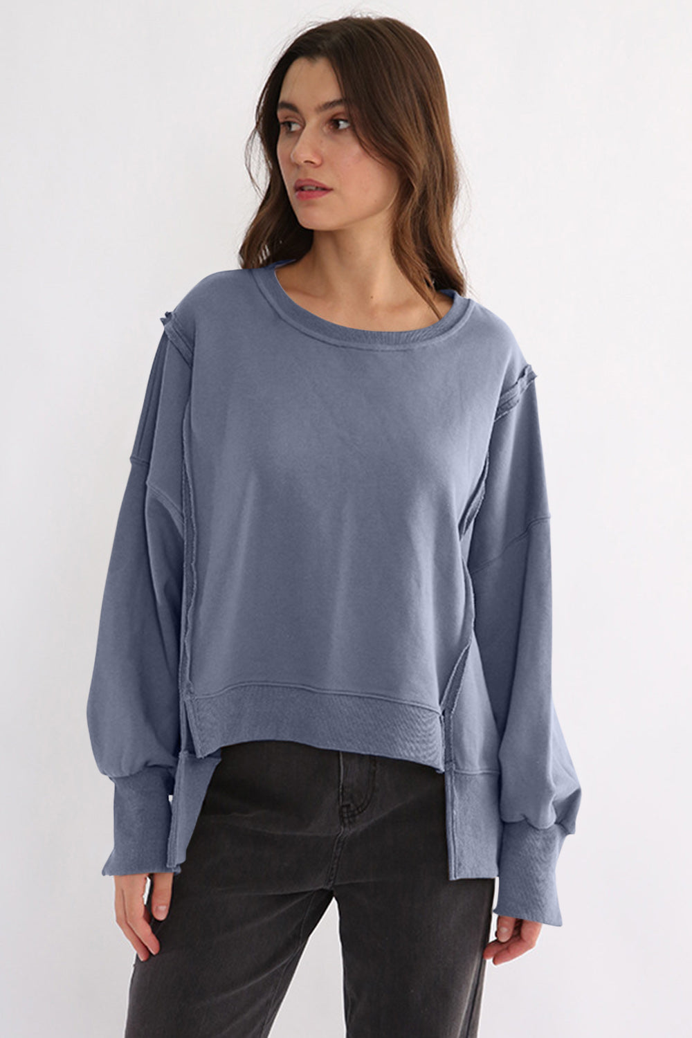 LIZAKOSHT  -  Exposed Seam High-Low Long Sleeve Sweatshirt