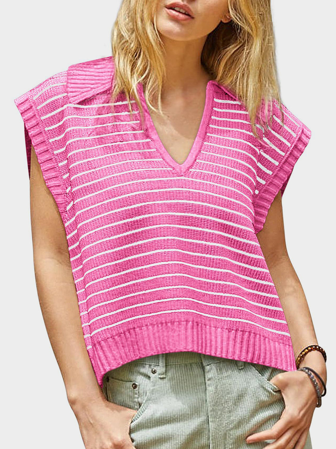LIZAKOSHT  -  Mandy Collared Neck Striped Sweater Vest