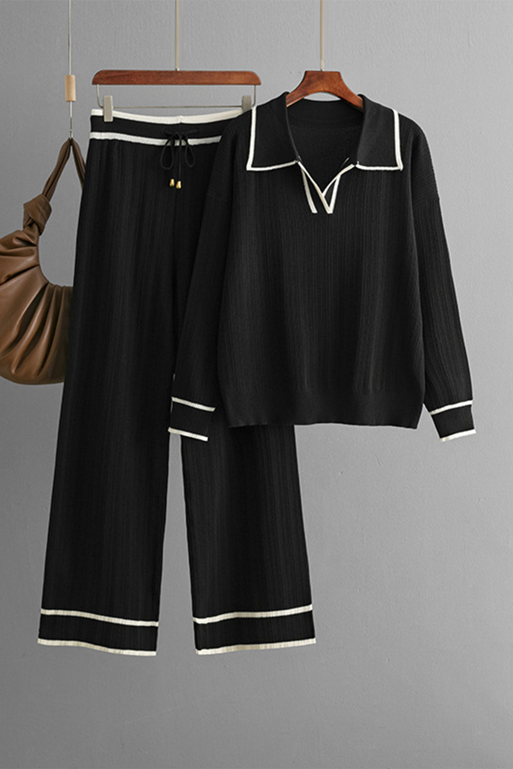 LIZAKOSHT  -  Contrast Trim Johnny Collar Top and Drawstring Pants Sweater Set