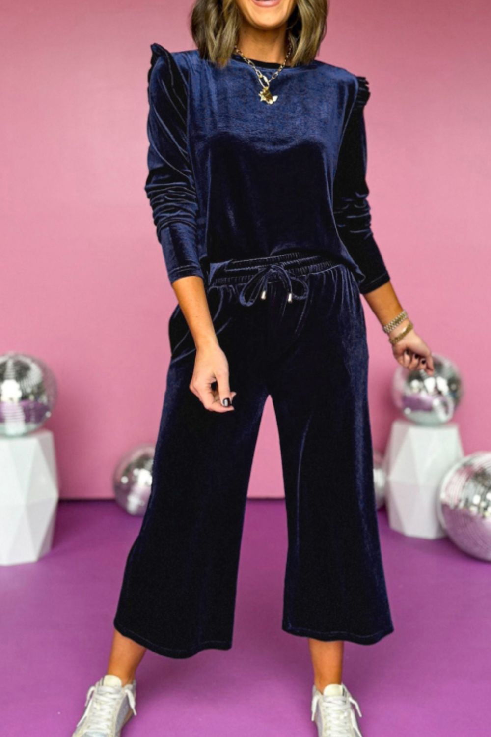 LIZAKOSHT  -  Frill Round Neck Long Sleeve Top and Pants Set