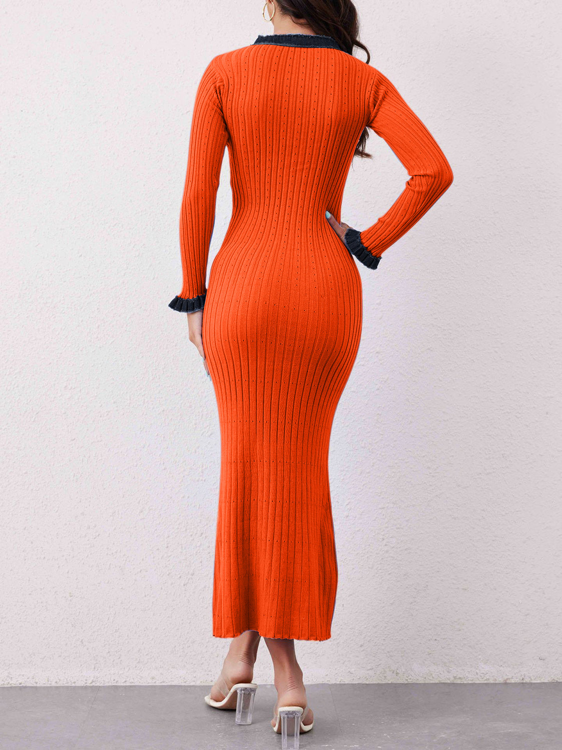 LIZAKOSHT  -  Contrast Trim Round Neck Long Sleeve Sweater Dress