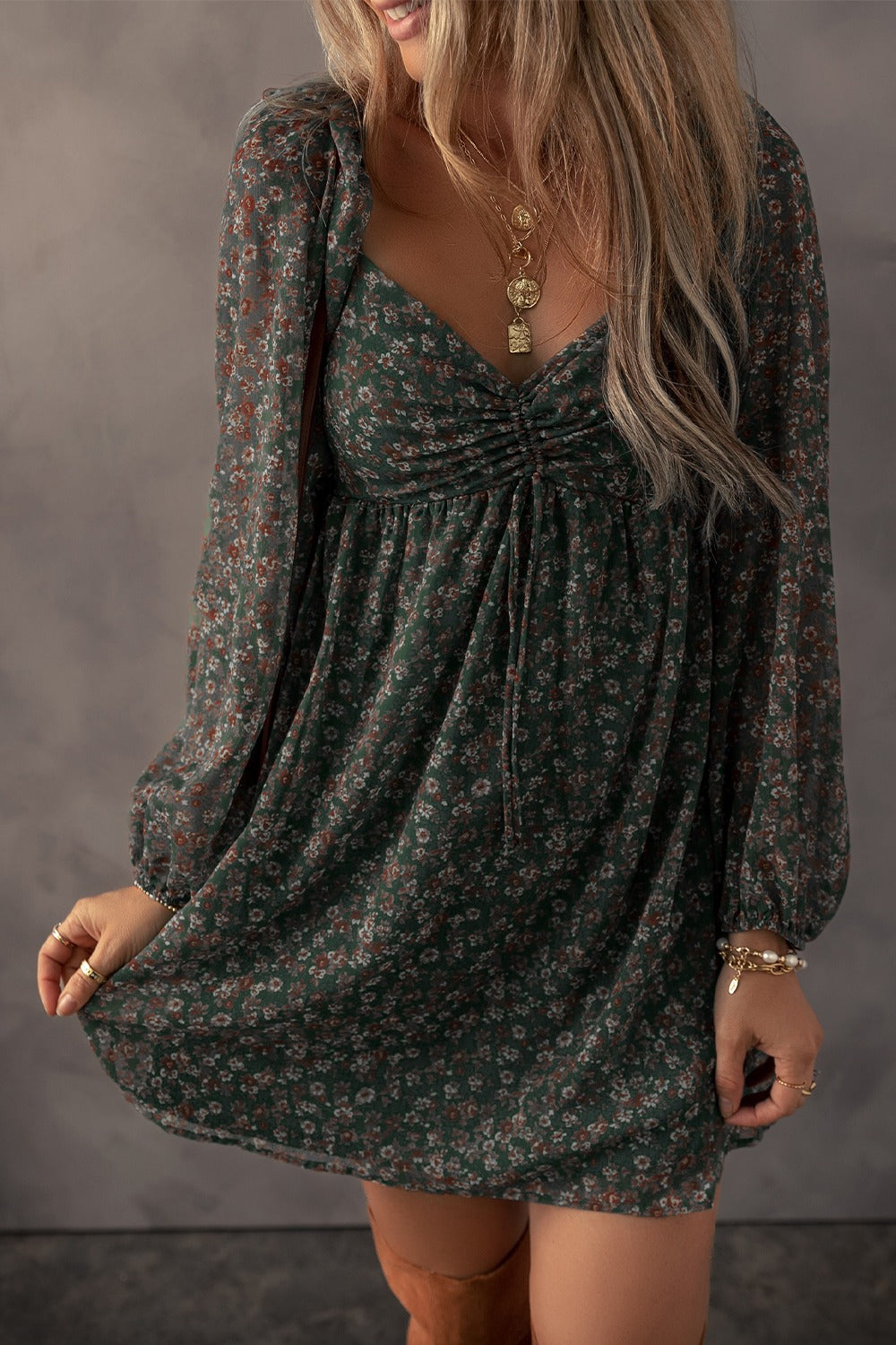 LIZAKOSHT  -  Ruched Printed Long Sleeve Mini Dress