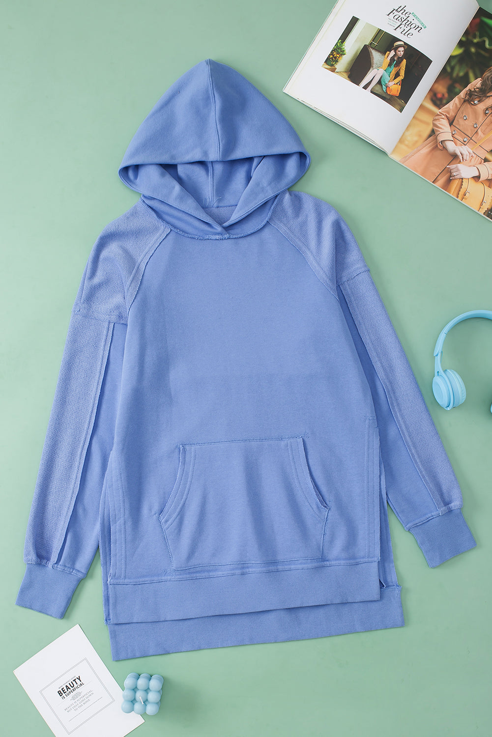 LIZAKOSHT  -  Exposed Seam Kangaroo Pocket Long Sleeve Hoodie