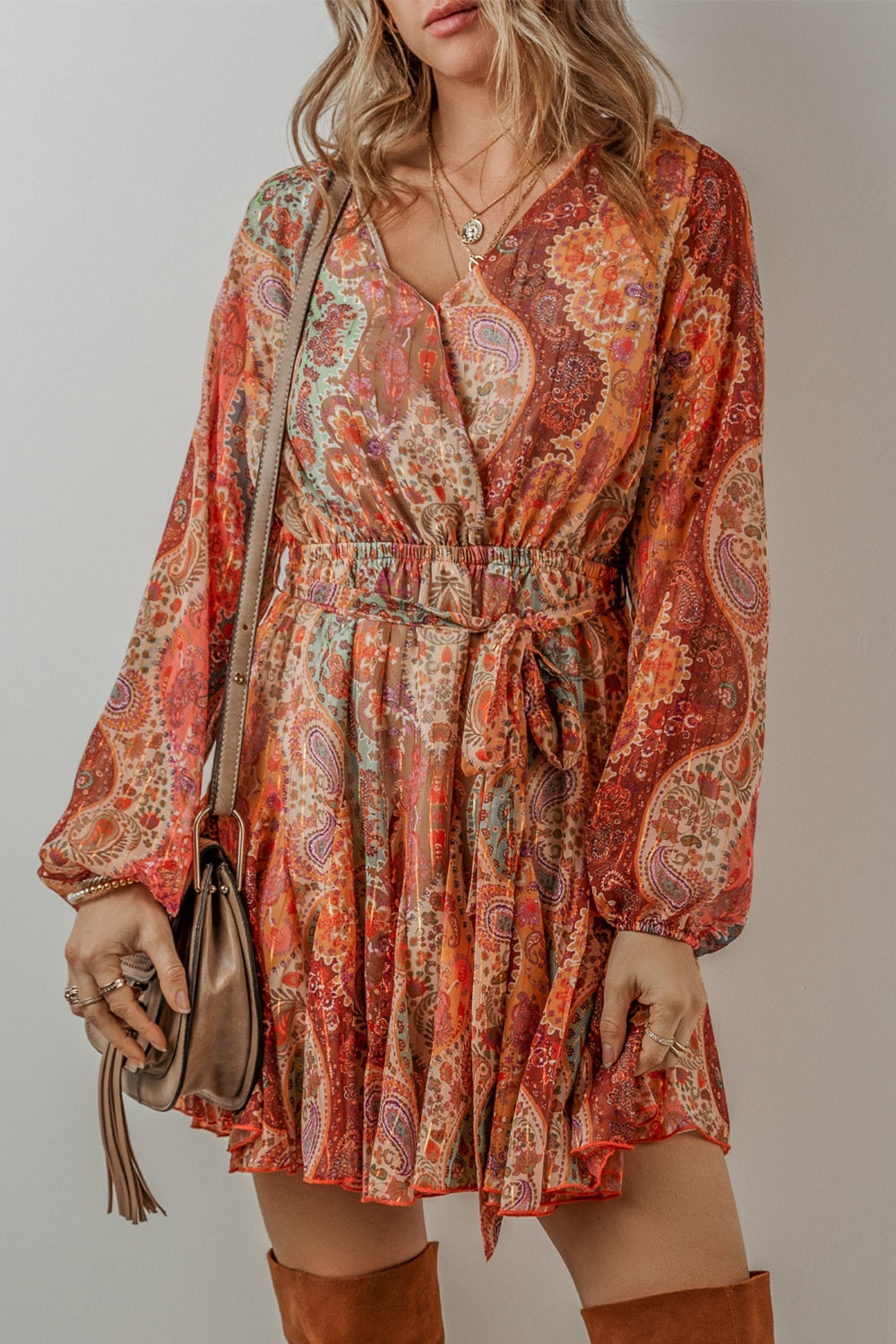 LIZAKOSHT  -  Tied Printed Balloon Sleeve Mini Dress