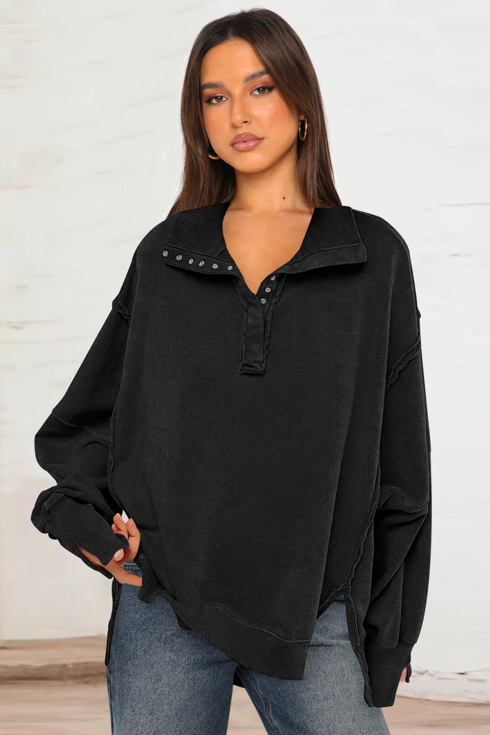 LIZAKOSHT  -  Exposed Seam Side Slit Long Sleeve Sweatshirt