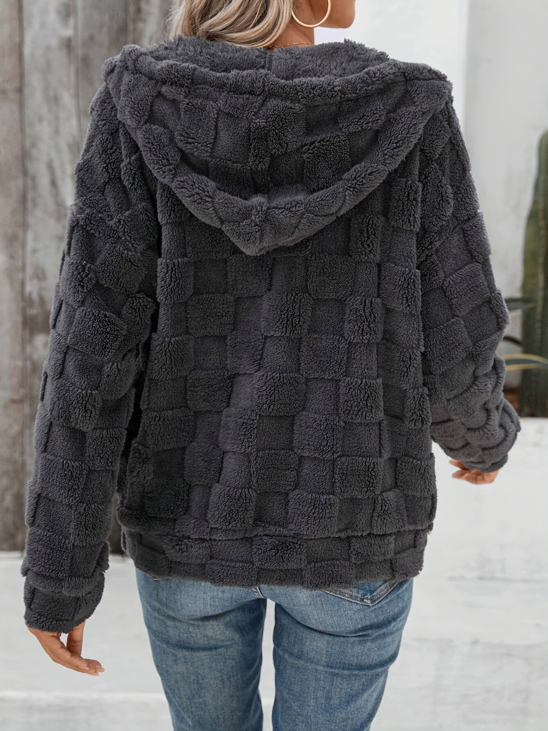 LIZAKOSHT  -  Checkered Texture Zip Up Drawstring Fuzzy Jacket