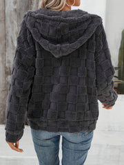 LIZAKOSHT  -  Checkered Texture Zip Up Drawstring Fuzzy Jacket