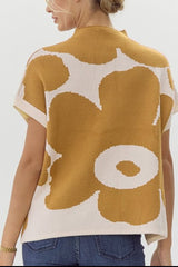 LIZAKOSHT  -  Contrast Flower Mock Neck Short Sleeve Sweater