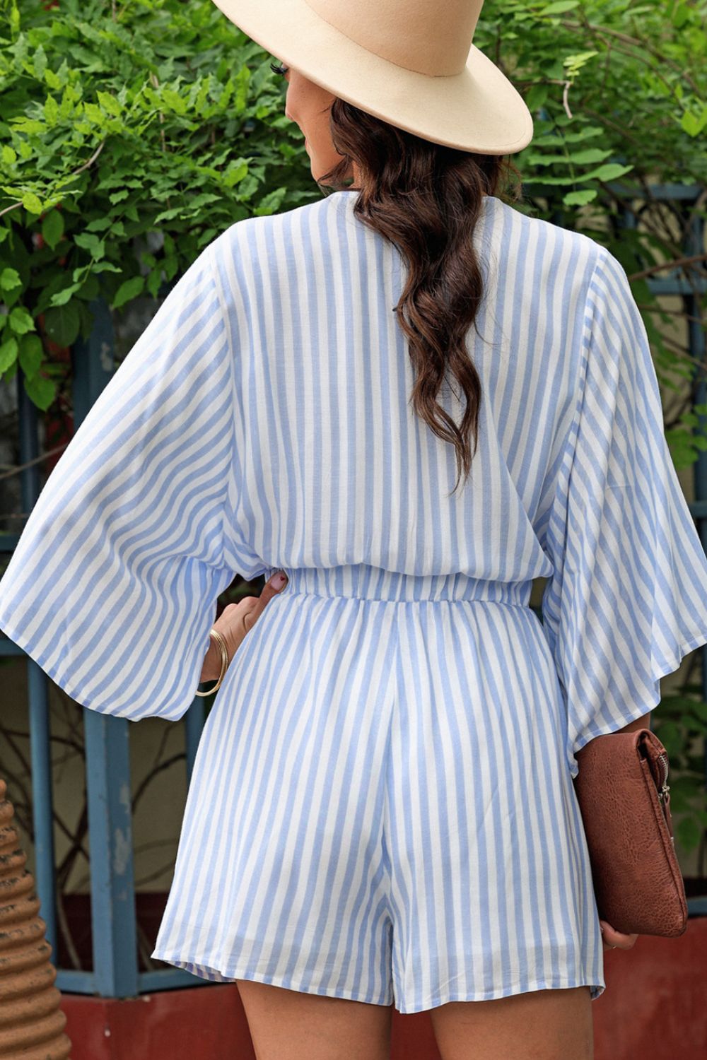 LIZAKOSHT  -  Bow Striped Kimono Sleeve Romper