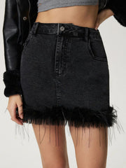 LIZAKOSHT  -  Plush Hem Mini Denim Skirt
