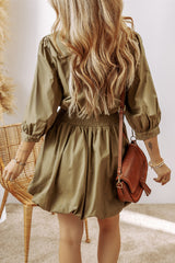 LIZAKOSHT  -  Smocked Johnny Collar Three-Quarter Sleeve Mini Dress