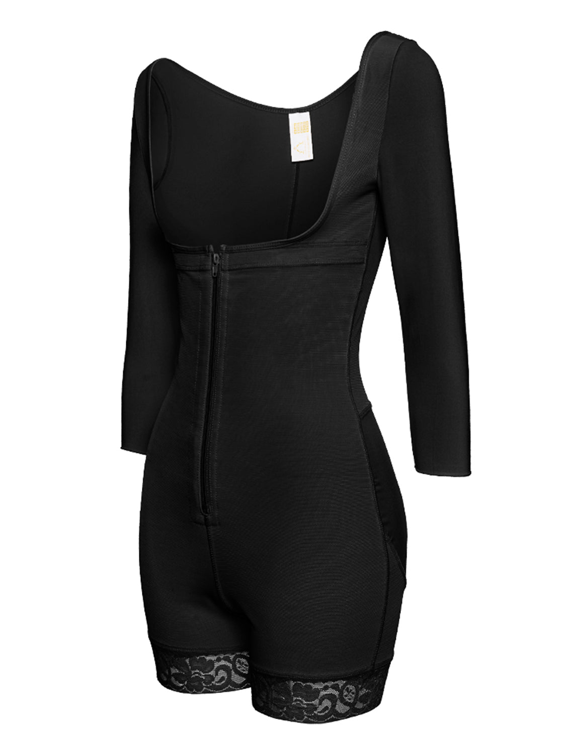 LIZAKOSHT  -  Full Size Zip Up Lace Detail Long Sleeve Shapewear