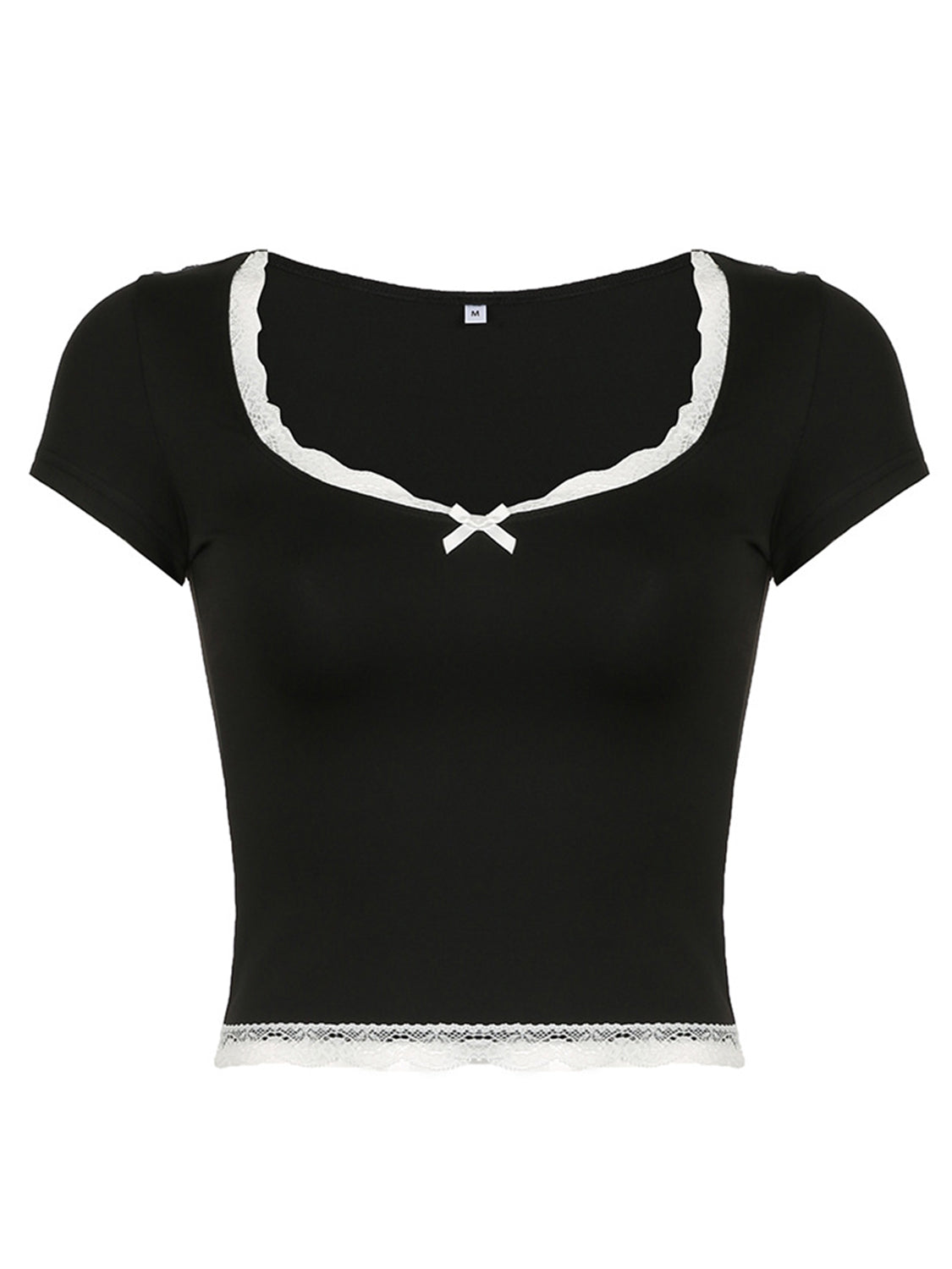 LIZAKOSHT  -  Lace Detail Sweetheart Neck Short Sleeve T-Shirt