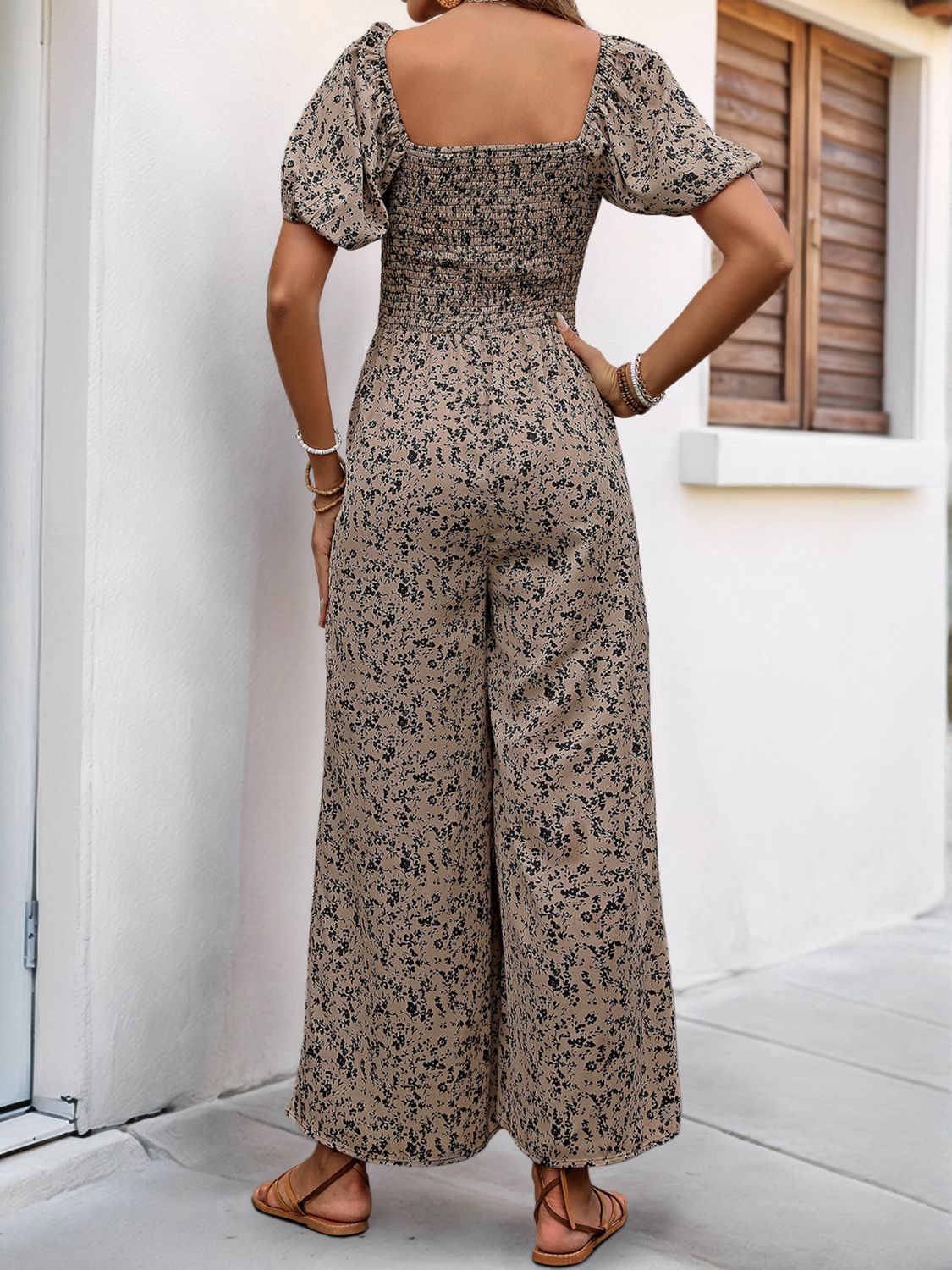 LIZAKOSHT  -  Perfee Smocked Printed Square Neck Puff Sleeve Jumpsuit