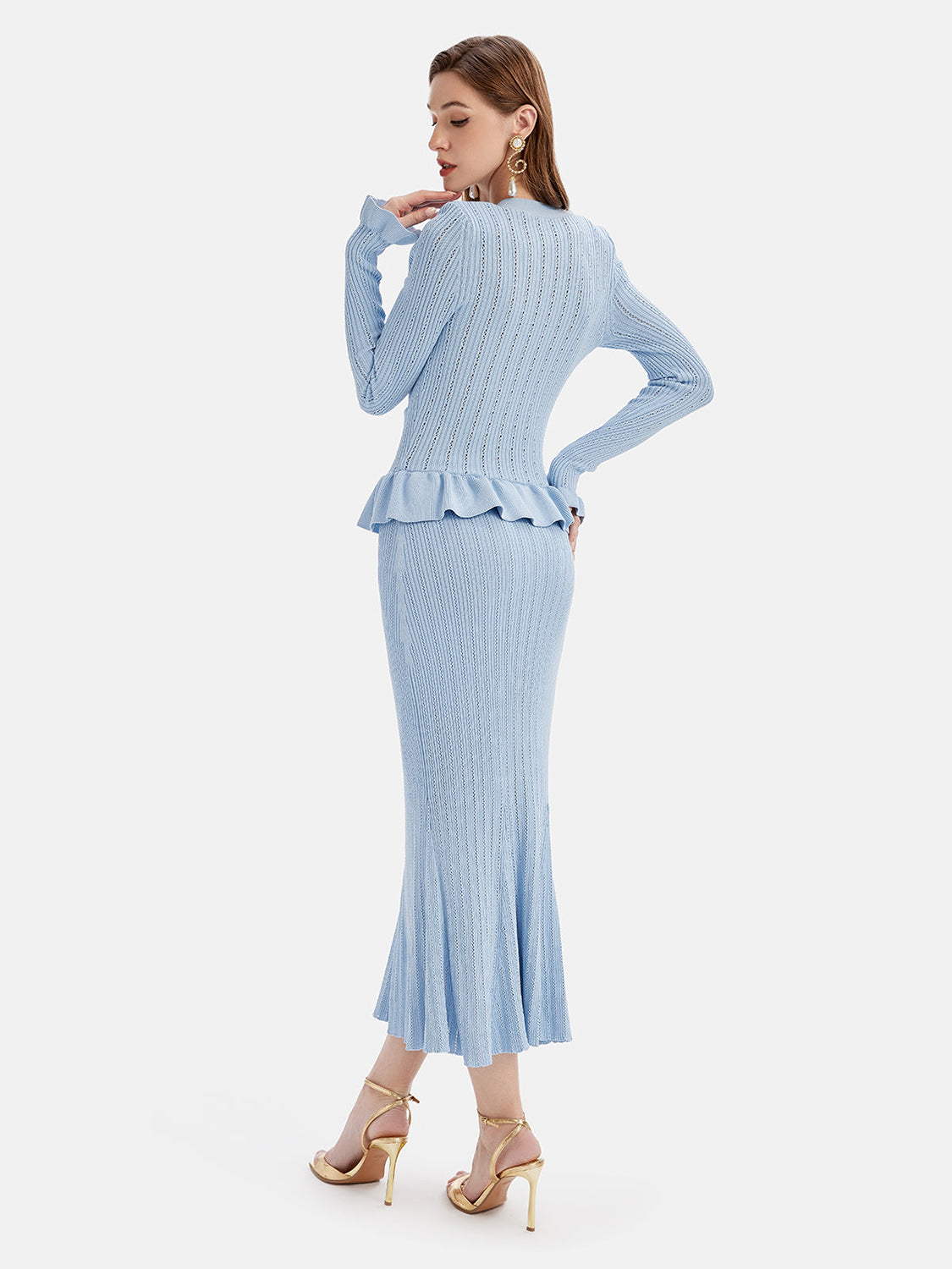 LIZAKOSHT  -  Ruffled V-Neck Top and Midi Skirt Sweater Set