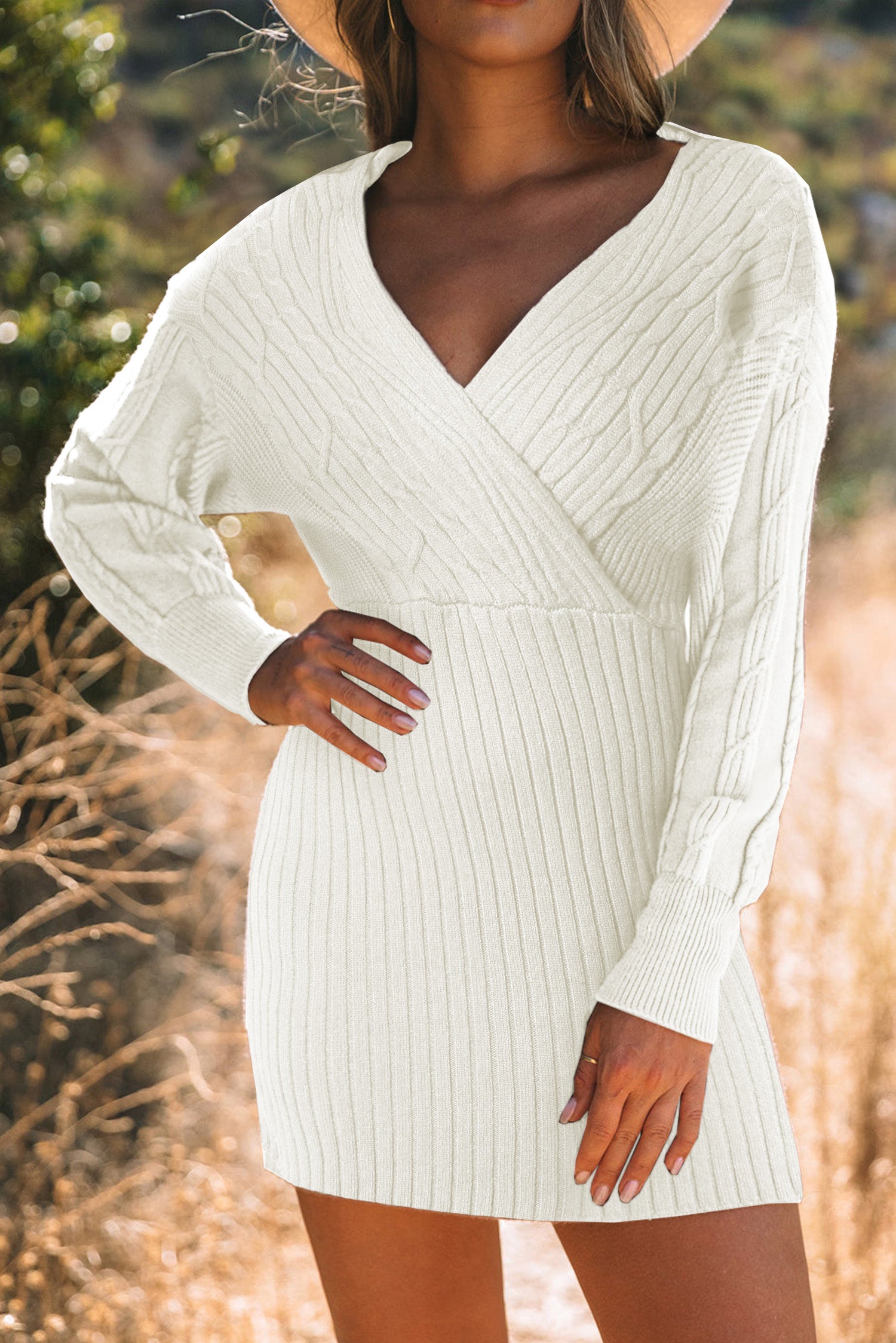LIZAKOSHT  -  Cable-Knit Surplice Lantern Sleeve Sweater Dress