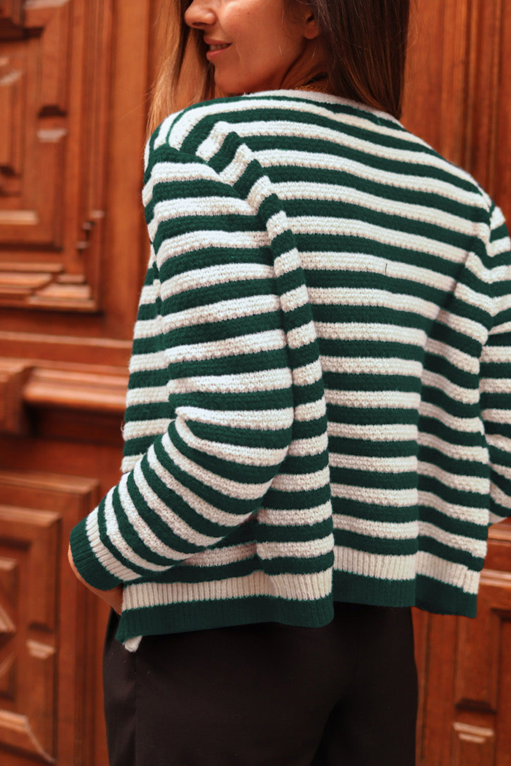 LIZAKOSHT  -  Striped Button Up Long Sleeve Cardigan