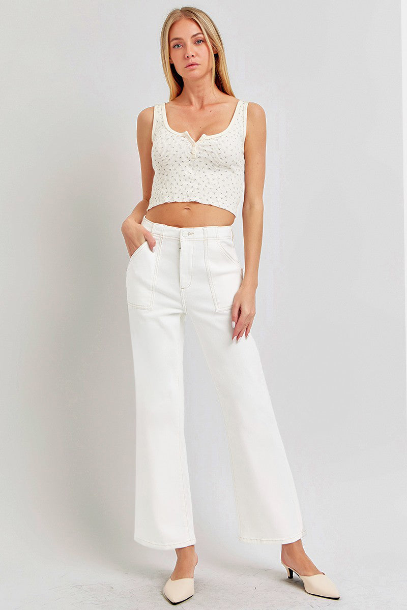 LIZAKOSHT  -  High Rise Ankle Flare Jeans with Patch Pockets