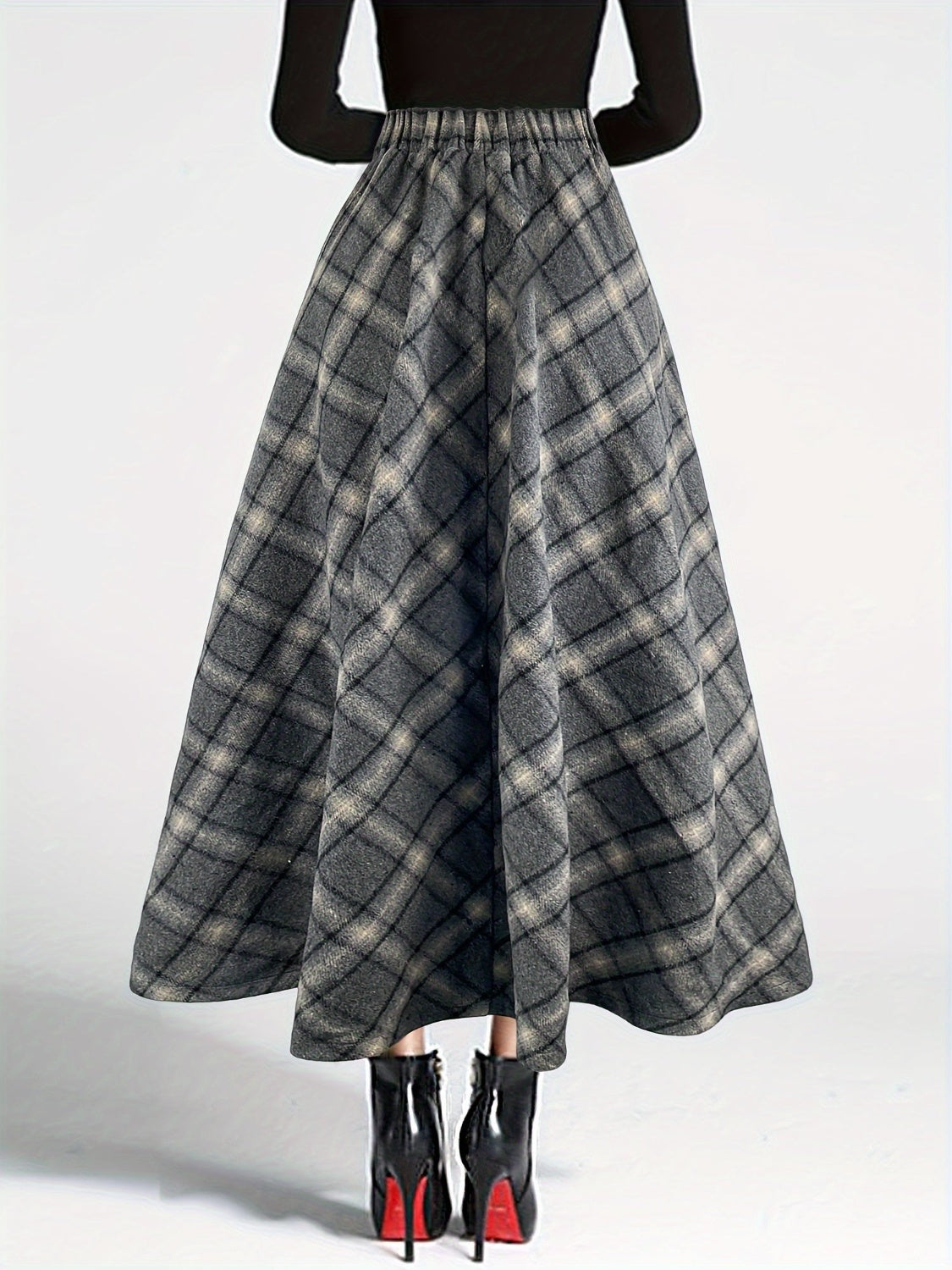 LIZAKOSHT  -  Plaid Elastic Waist Midi Skirt