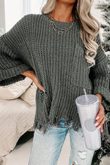 LIZAKOSHT  -  Distressed Round Neck Drop Shoulder Sweater