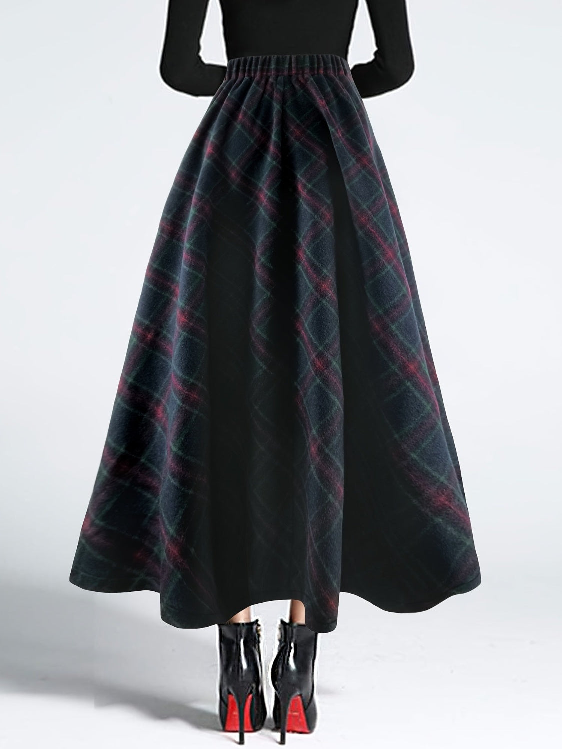 LIZAKOSHT  -  Plaid Elastic Waist Midi Skirt