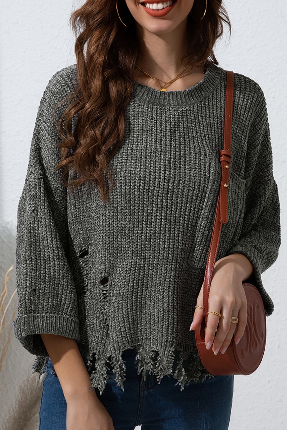 LIZAKOSHT  -  Distressed Round Neck Drop Shoulder Sweater