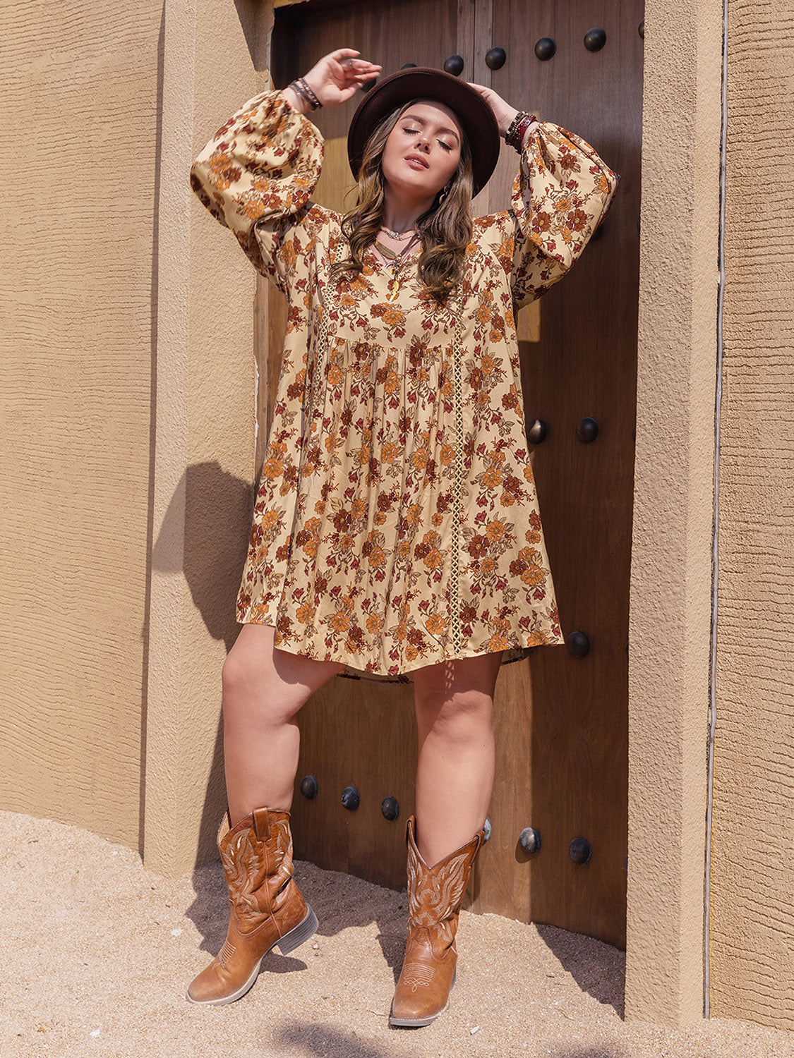 LIZAKOSHT  -  Plus Size Printed V-Neck Balloon Sleeve Mini Dress