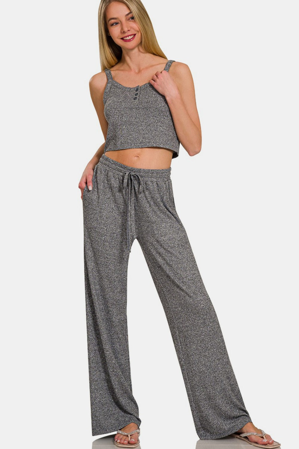 LIZAKOSHT  -  Drawstring Wide Leg Pants with Side Pockets