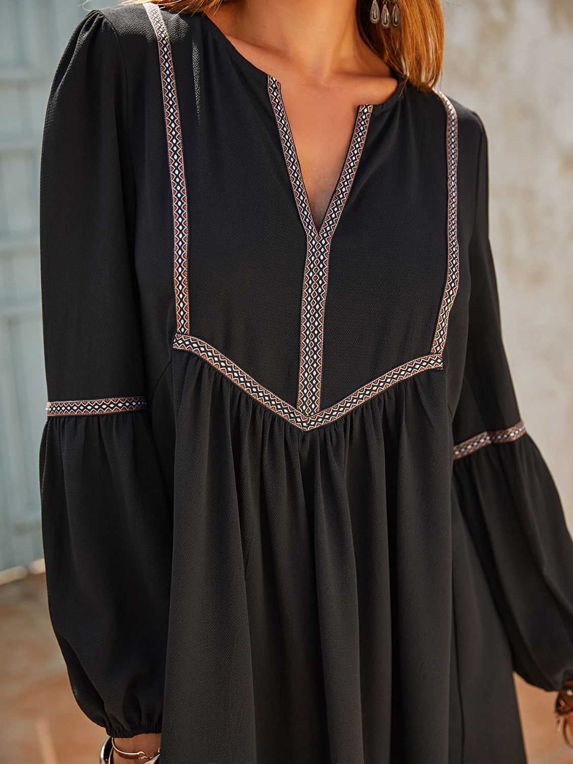 LIZAKOSHT  -  Ruched Notched Long Sleeve Mini Dress