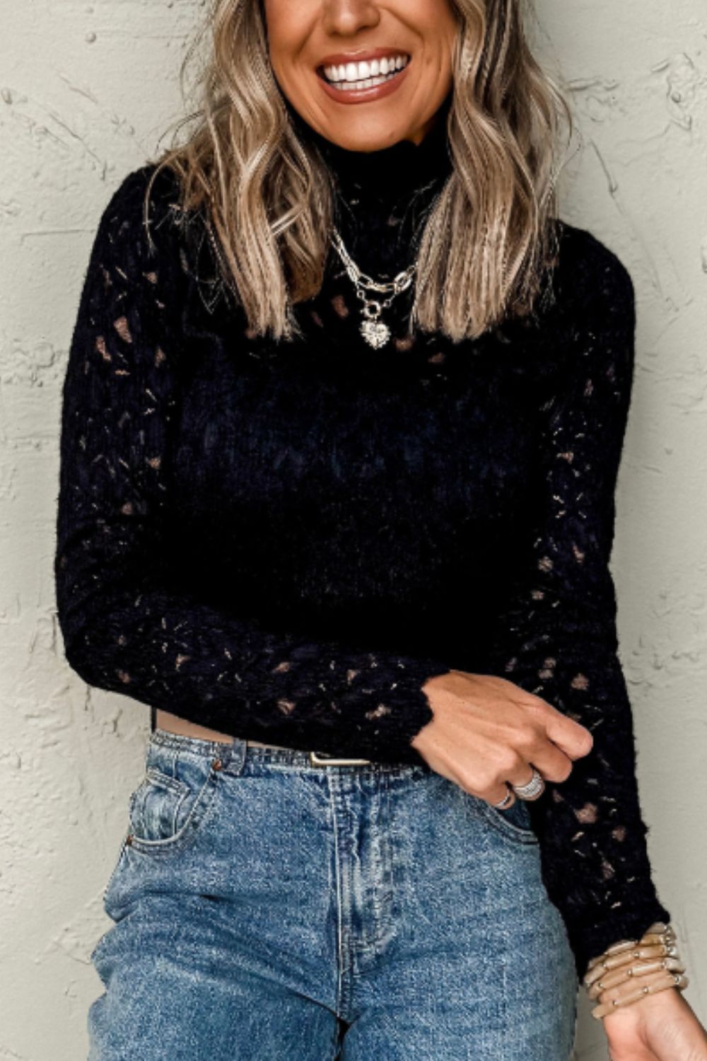LIZAKOSHT  -  Crochet Turtleneck Long Sleeve Top