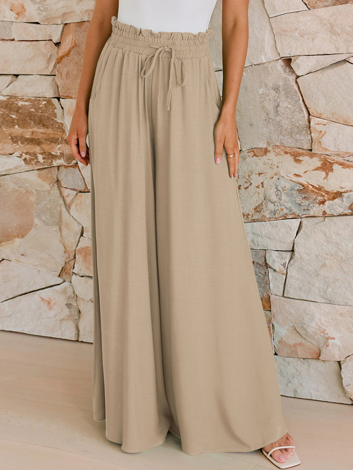 LIZAKOSHT  -  Drawstring Wide Leg Pants with Pockets