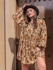 LIZAKOSHT  -  Plus Size Printed V-Neck Balloon Sleeve Mini Dress