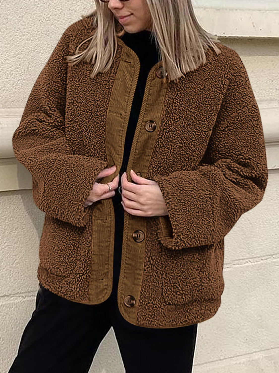 LIZAKOSHT  -  Contrast Button Up Sherpa Jacket with Pockets