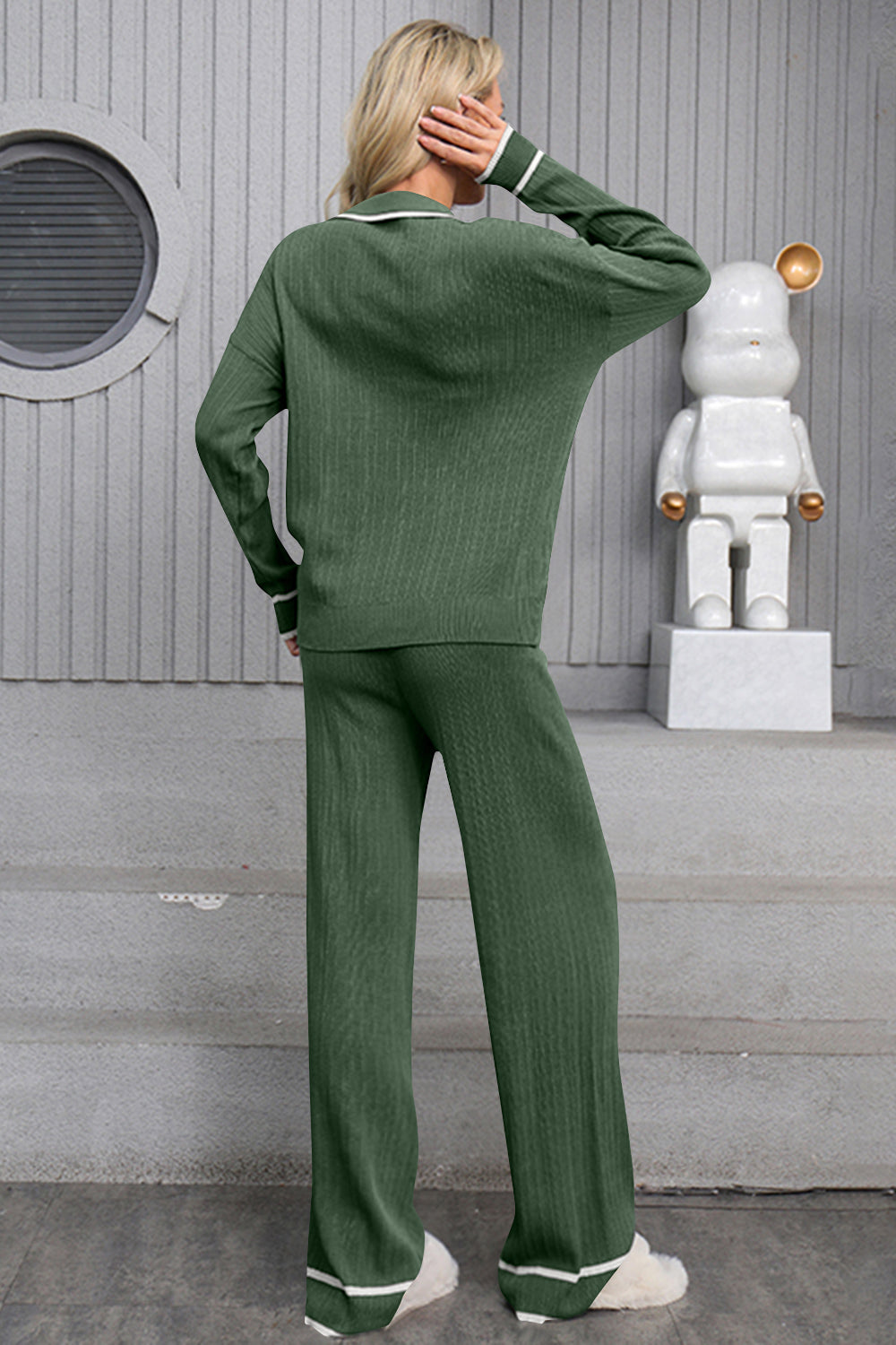 LIZAKOSHT  -  Contrast Trim Johnny Collar Top and Drawstring Pants Sweater Set