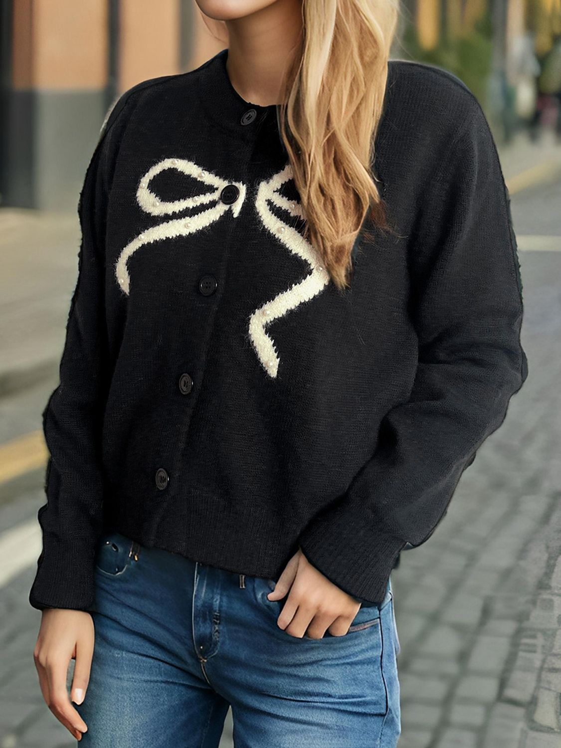 LIZAKOSHT  -  Bow Button Down Round Neck Cardigan