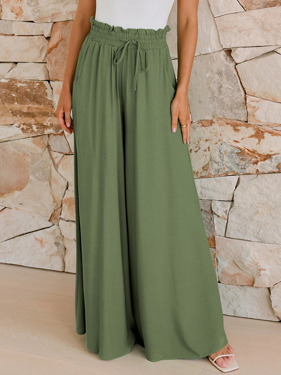 LIZAKOSHT  -  Drawstring Wide Leg Pants with Pockets